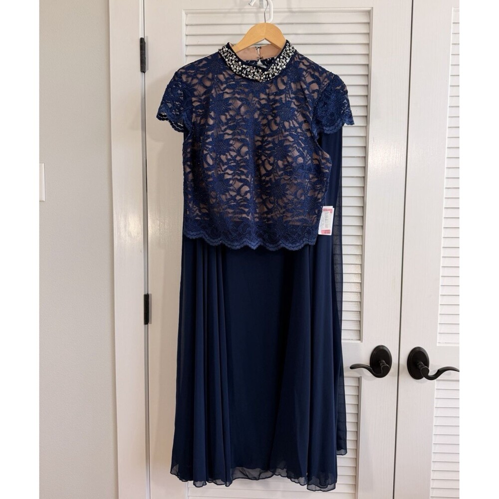 Jodi Kristopher Navy Blue 2 Piece Formal Dress Lace Beaded Gown Size 14/15
